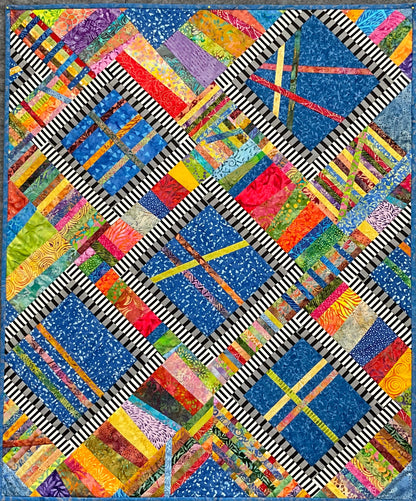 Graphics: Quilted Wall Art by Mary Cantore features vibrant blues, greens, yellows, pinks, and oranges in diagonal, square, and rectangular patchwork with intersecting lines and bold black-and-white striped framing.