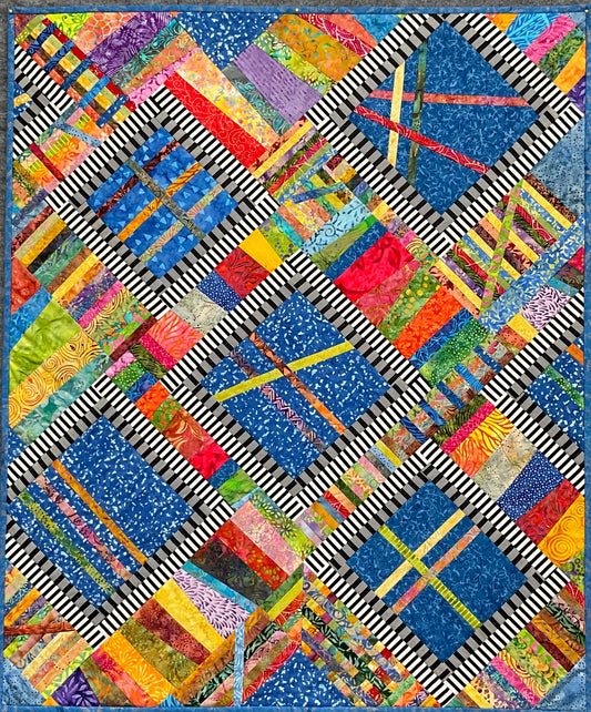 Graphics: Quilted Wall Art by Mary Cantore features vibrant blues, greens, yellows, pinks, and oranges in diagonal, square, and rectangular patchwork with intersecting lines and bold black-and-white striped framing.