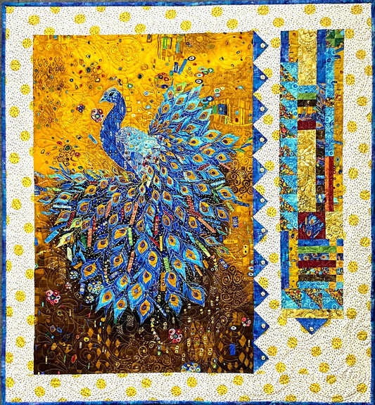 Majestic Peacock: Quilted Wall Art by Mary Cantore features a vibrant blue peacock with a detailed tail on a yellow floral background, bordered in blue, yellow, and gold patchwork—a stunning decor piece for any home.