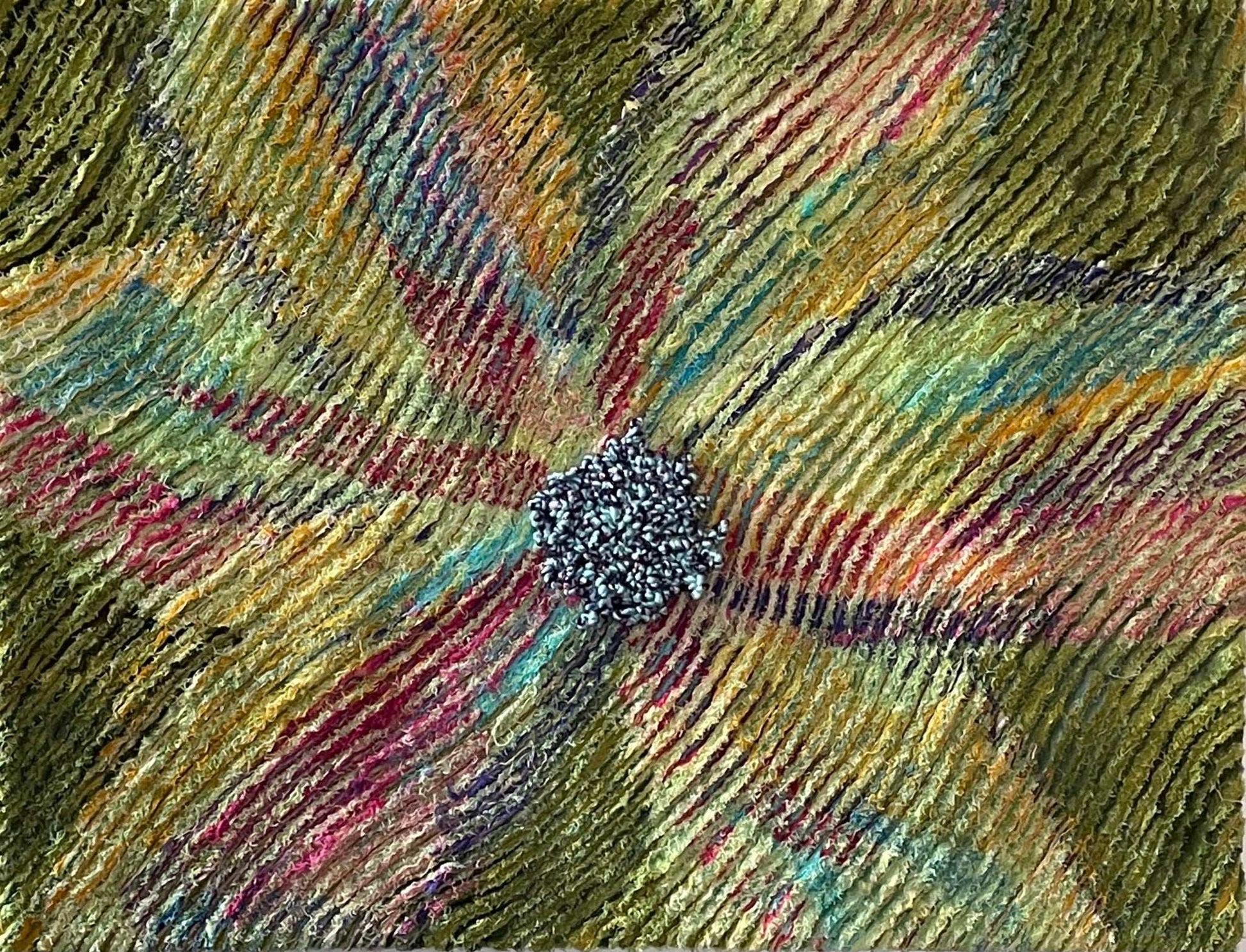 Blossoming: Abstract Floral Textile Art by Miki Howell features multicolored petal designs radiating from a blue-gray center on a green-yellow wavy background—a perfect handcrafted home decor piece.