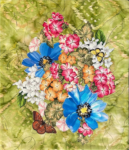 The “Drenched in Sun: A Floral Textile Art Wallhanging” by Miki Howell features a vibrant bouquet in blue, pink, white, and orange with green leaves on textured green fabric and a brown butterfly resting near the base.