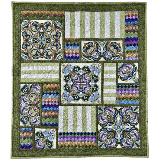 Celtic Kaleidoscope: Quilted Wall Art by Mary Cantore features a green border, intricate geometric and floral patterns, Seminole piecing, striped panels, and diamond patchwork in blue, purple, brown, black, and white with an asymmetrical layout.